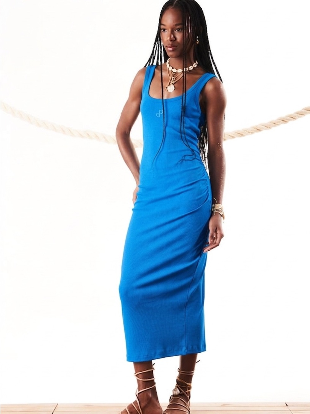 Open Blue Ribbed Midi Slim Dress